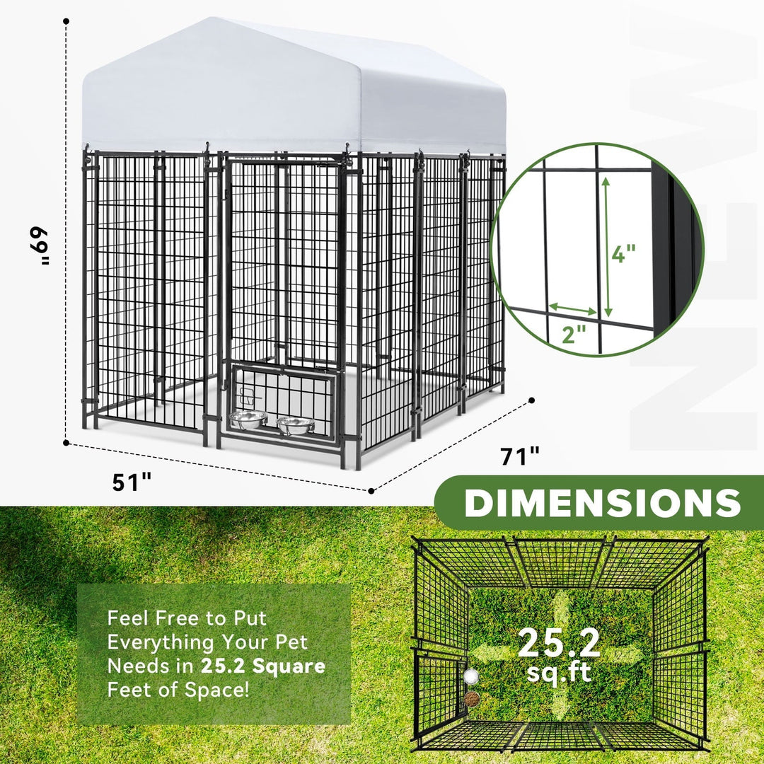 WOKEEN Large Dog Kennel Outside, 6'×4'×6',Welded Rectangular dog kennel outdoor with Waterproof Roof,2 Rotating Bowls & Secure Lock for Backyard （All Life Stages Dogs）