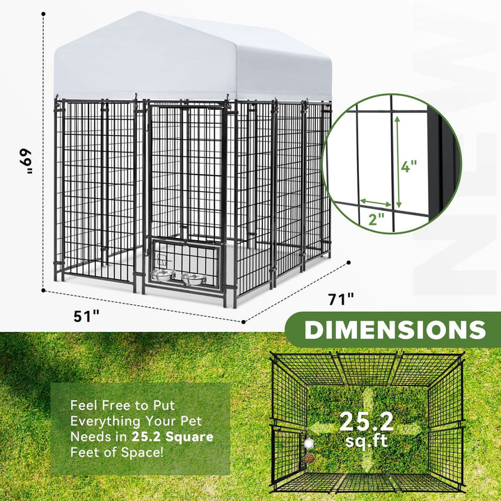 WOKEEN Large Dog Kennel Outside, 6'×4'×6',Welded Rectangular dog kennel outdoor with Waterproof Roof,2 Rotating Bowls & Secure Lock for Backyard （All Life Stages Dogs）