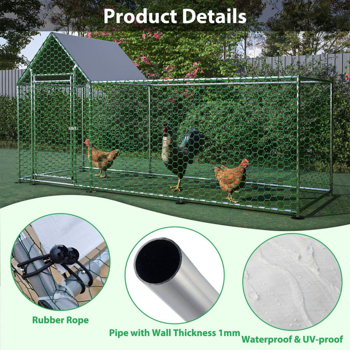 26'Lx6.7'Wx6.6' ft Large Metal Chicken Coop, Walk-in Chicken Run, Galvanized Wire Poultry Chicken Hen Pen Cage, Rabbits Duck Cages with Waterproof and Anti-Ultraviolet Cover for Outside