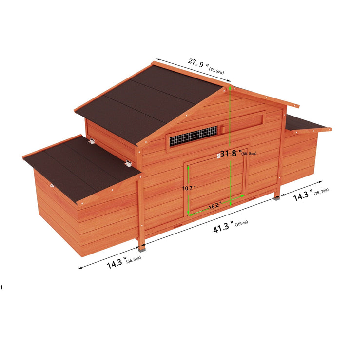 ZephyPaws 70" Large Wooden Chicken Coop for 4-6 Chickens, Outdoor Hen House Poultry Pet Hutch Cage with 2 Side Nesting Boxes,2 Free-Range Doors and Leakproof Tray, Chicken Perch Inside,Brick Red