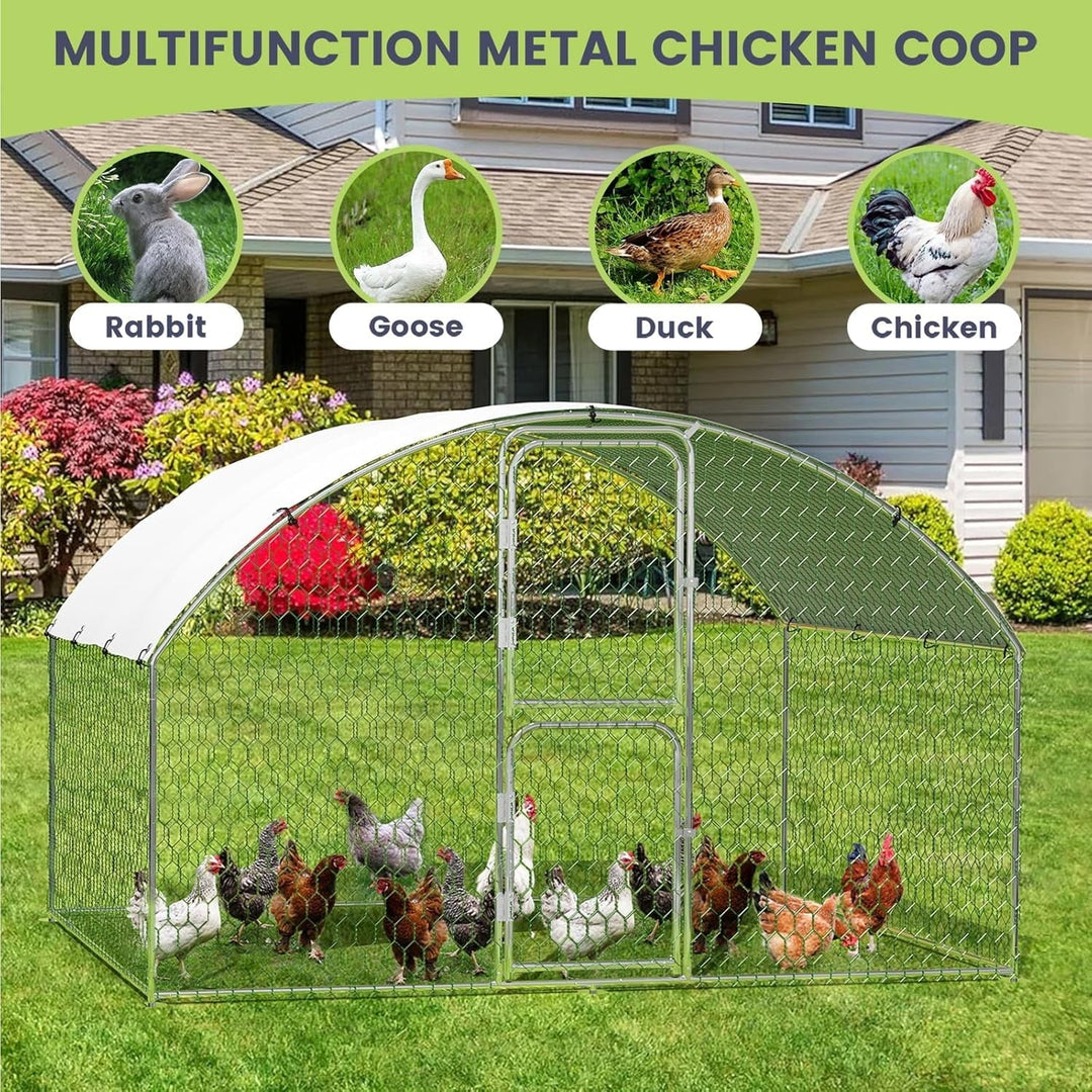 Pinypikaka Metal Chicken Coop, 9.8' x 6.5' x 6.5' Large Chicken Coop with Double Door & Waterproof Cover, Walk-in Poultry Cage with Run, Doom Roof Duck Rabbit House for Outdoor Backyard Farm