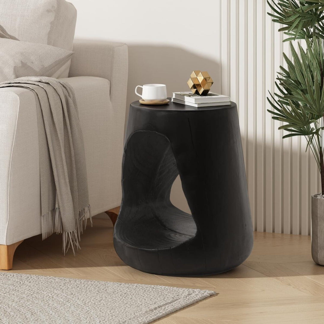 Outdoor Black Magnesium Oxide Hollow Side Table with Wood-like Texture