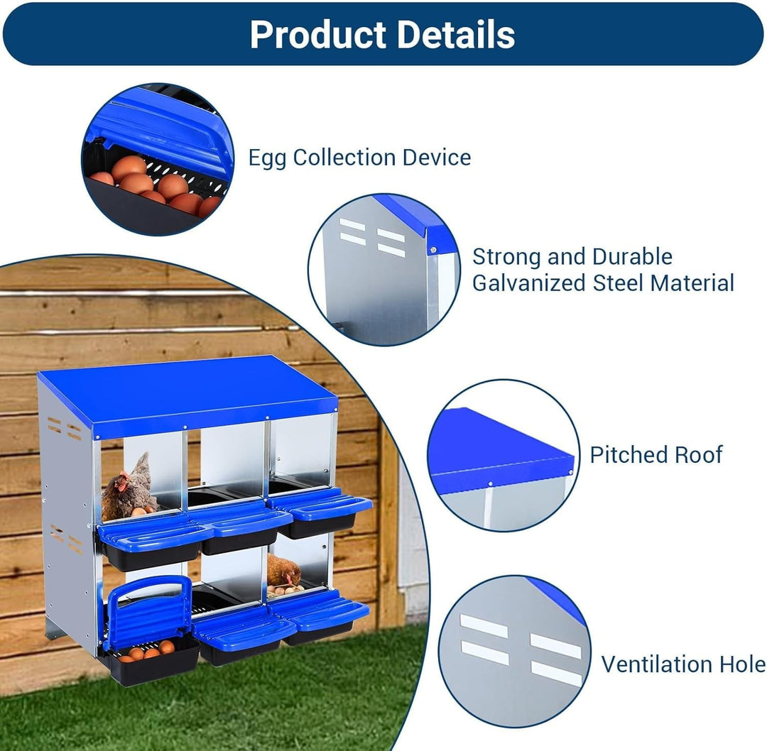 Galvanized Steel Chicken Nesting Box with Roll-Away Egg Tray, Ventilation & Wall/Stand Mount, 6/8/10 Hole Hen Coop Laying Box
