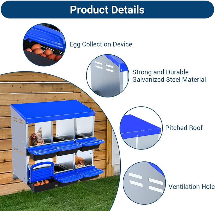 Galvanized Steel Chicken Nesting Box with Roll-Away Egg Tray, Ventilation & Wall/Stand Mount, 6/8/10 Hole Hen Coop Laying Box