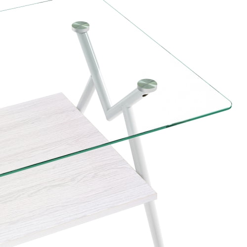 Modern Rectangle Tempered Glass Coffee Table with White Metal Legs - 38.6"L x 22.8"W x 17.3"H, White MDF Shelf, Living Room Center Table