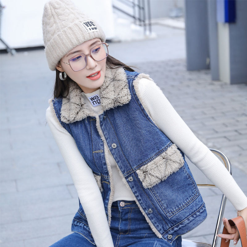 Women's Casual Plaid Plush Denim Cotton Vest