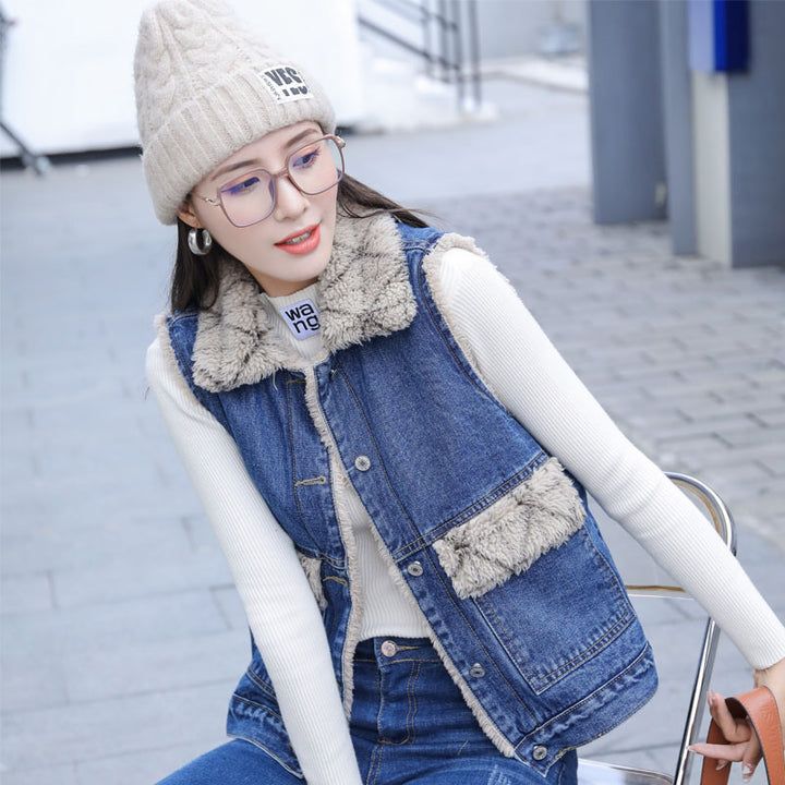 Women's Casual Plaid Plush Denim Cotton Vest