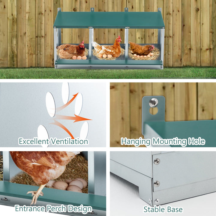 Chicken Nesting Boxes for Laying Eggs, 3 Compartment Metal Hen Nest Box, Wall Mounted Chicken Coop, Easy to Clean & Rust Resistant, Ideal for All Chicken Breeds