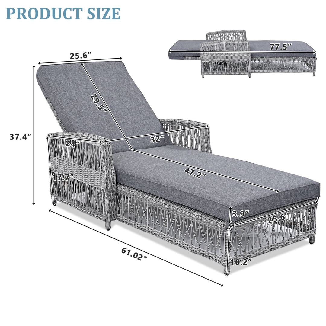 Outdoor Long Reclining Chaise, Wicker Lounge Chairs with 4 Level Position Adjustable Backrest, All Weather Patio Recliner with Armrests & Removable for Poolside Garden, Grey