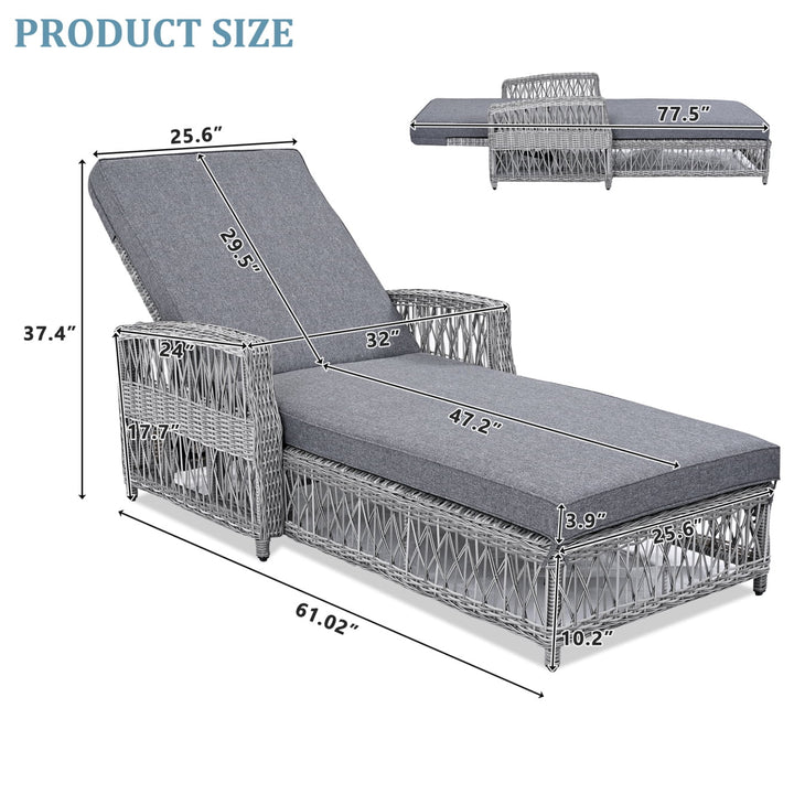 Outdoor Long Reclining Chaise, Wicker Lounge Chairs with 4 Level Position Adjustable Backrest, All Weather Patio Recliner with Armrests & Removable for Poolside Garden, Grey