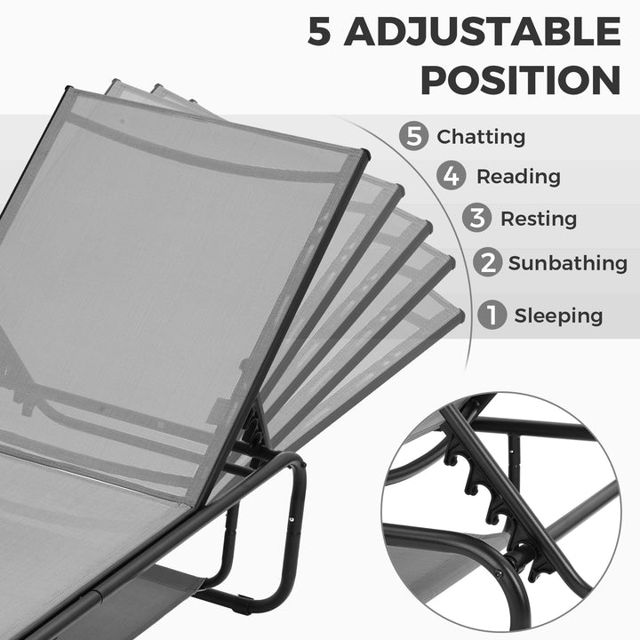 Ainfox Patio Lounge Chair Set of 2, Recliner with Adjustable 5-Position and Storage, Outdoor Chaise Lounge for Beach,Poolside,Grey/Grey