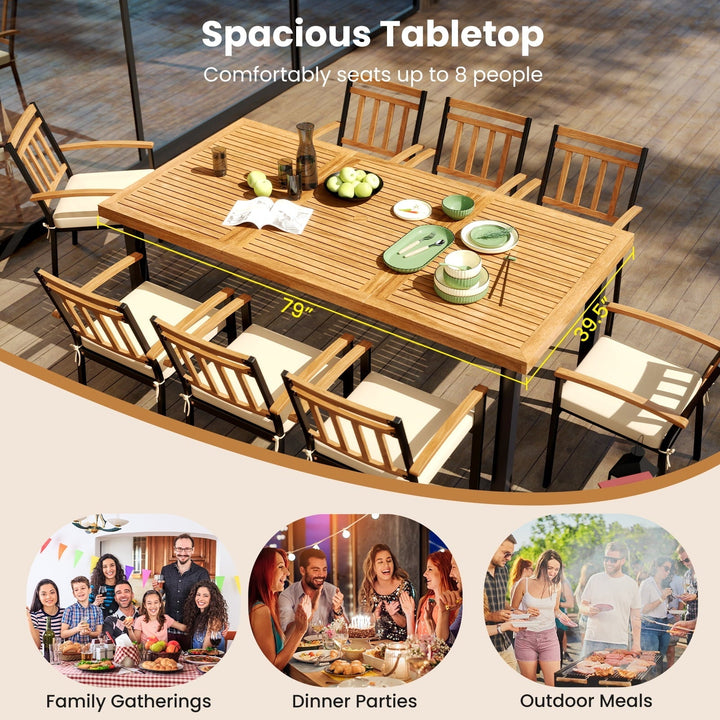 Topbuy Acacia Wood Dining Table for 8 People, 79" Large Rectangular Patio Table with Built-in Umbrella Hole