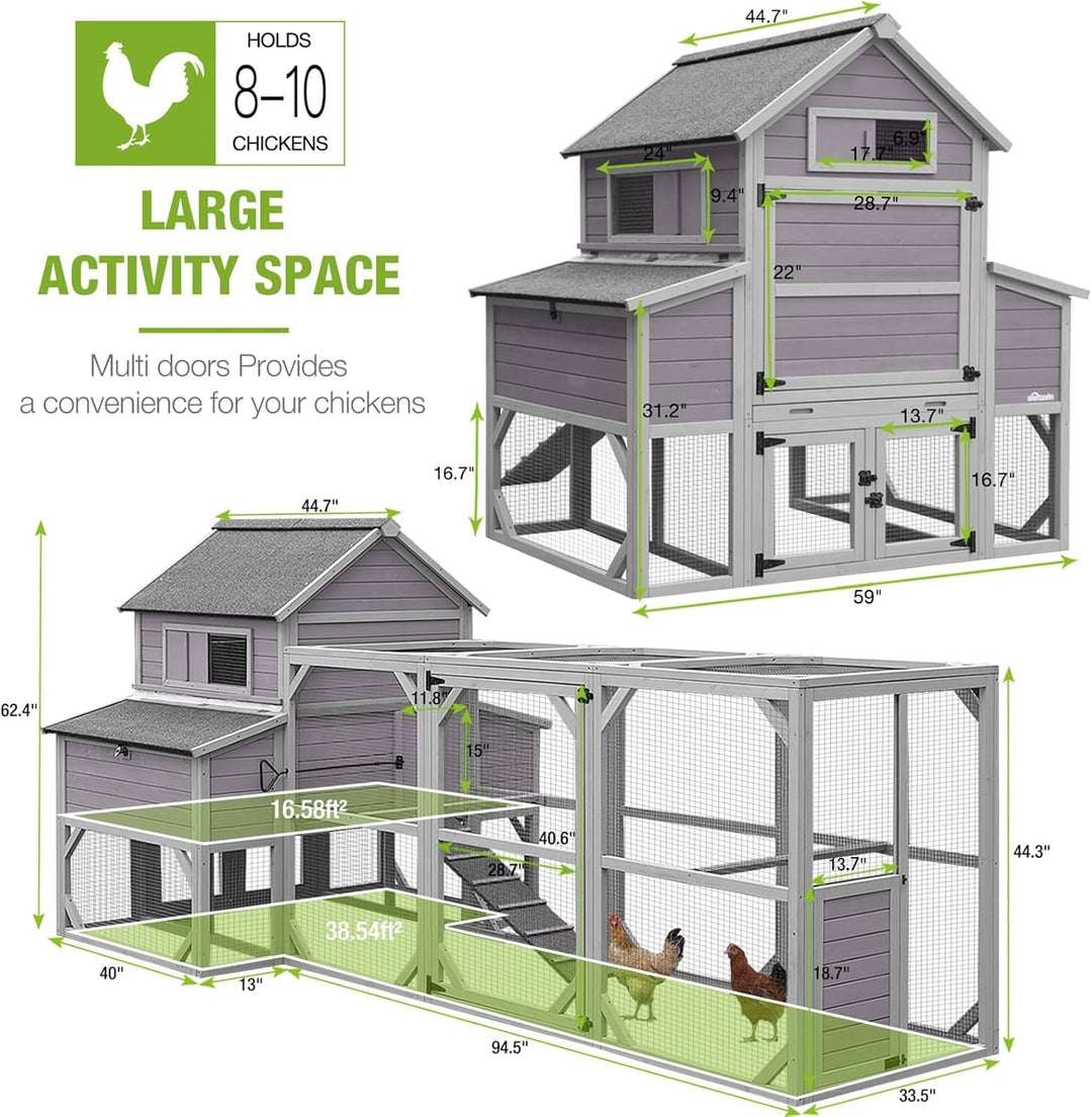MEDEHOO Chicken Coop 135" Super Large Wooden Chicken House Poultry Cage with Large Nesting Boxes, 55ft²