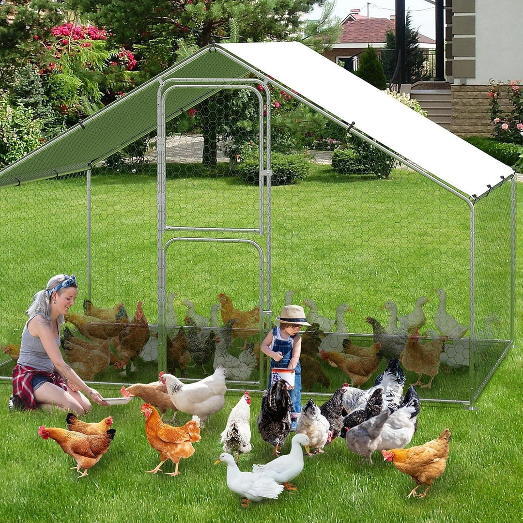 Garvee Large Metal Chicken Coop Run for Waterproof and Anti-UV Roof Cover,Outdoor Walk-in Cage Peak Hen House for Yard Farm
