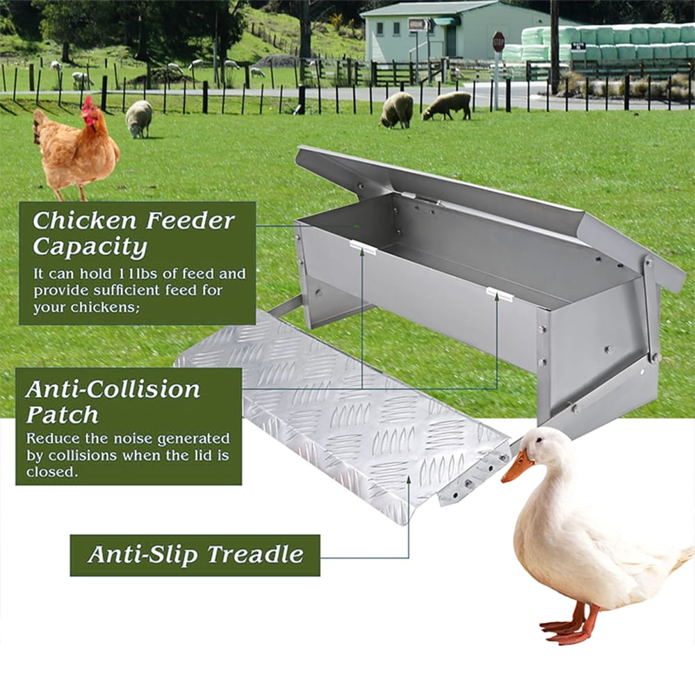 KRKZ 20.1" x 12.6" x 7.5" Silver Automatic Poultry Feeder - Long-Lasting Galvanized Chicken Feeder with Rain Cover - Metal Feeder Kit for Ducks, Bantams & Pheasants