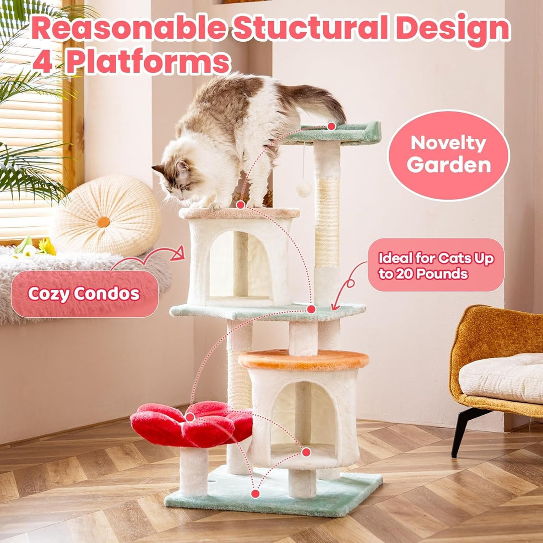 Flower cat climbing frame, tower-style apartment furniture suite, soft resting area cat play platform, multi-level toy ball pet house with scratch posts, indoor cat play facilities.