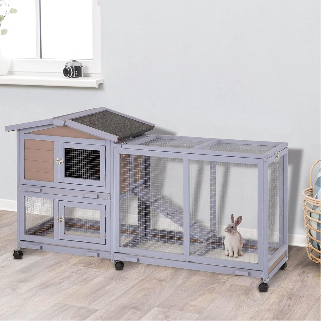 Rabbit Cage, Critter Cage, Two Tier 58" Wheeled Wooden Bunny Cage, Rabbit Hutch Outdoor with Waterproof Roof & 3 Sliding Bottom Trays for Easy Cleaning, Multi-Door Design, Grey