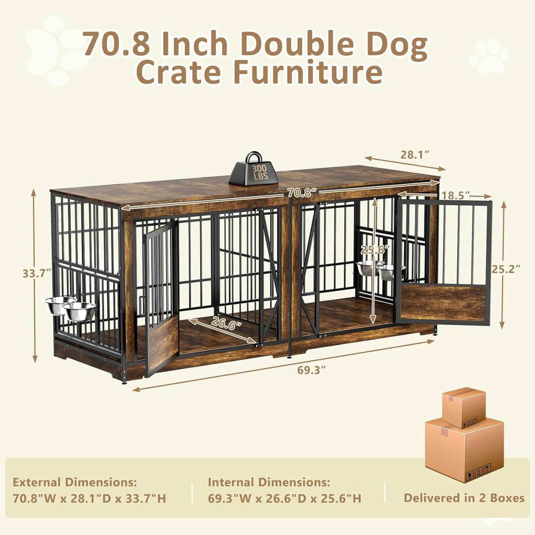 71 Inch Double Dog Crates Furniture for Large Dogs, Heavy Duty Dog Kennel Indoor with Adjustable Divider and 4 Bowls, XXL Dog Cage Furniture TV Stand Table for 2 Large Dogs, Brown