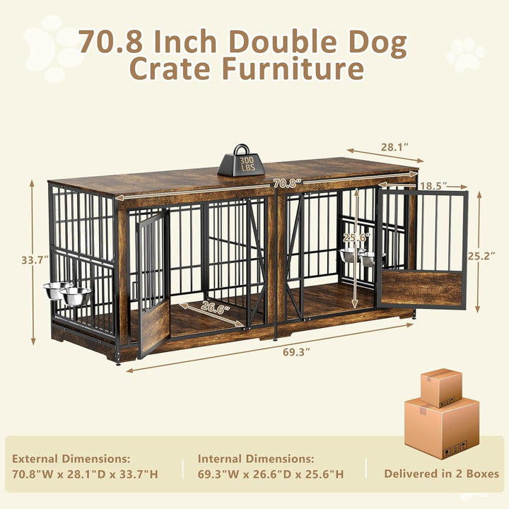 71 Inch Double Dog Crates Furniture for Large Dogs, Heavy Duty Dog Kennel Indoor with Adjustable Divider and 4 Bowls, XXL Dog Cage Furniture TV Stand Table for 2 Large Dogs, Brown