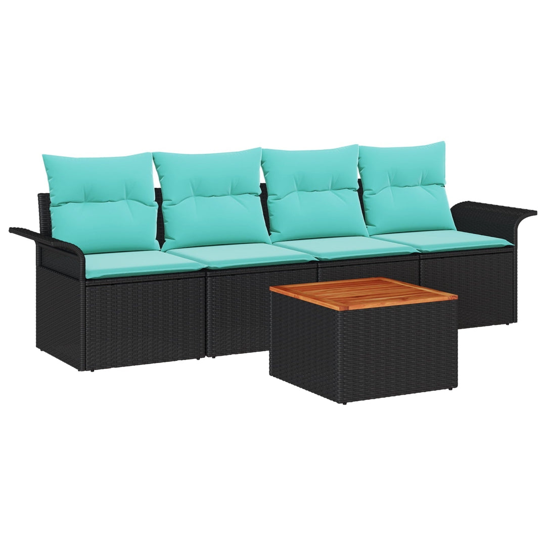 vidaXL 5 Piece Garden Sofa Set with Cushions Black Poly Rattan Acacia, vidaXL 2-Seater Garden Sofa with Cushions Black Poly Rattan