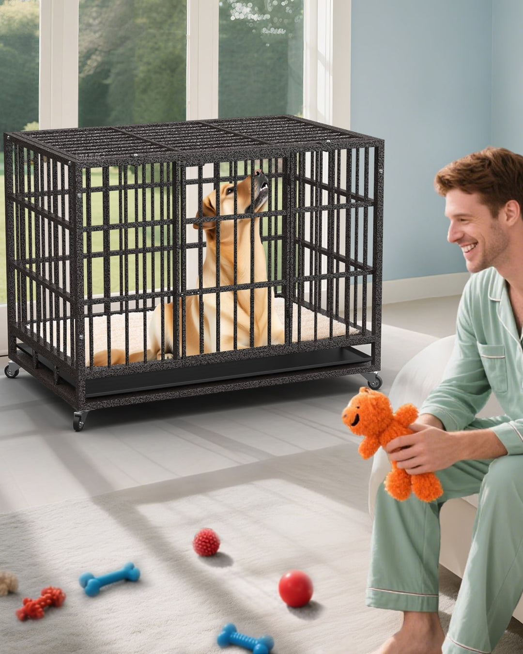 Petorldog 48" Heavy Duty Dog Crates for Large Dogs, Indestructible Escape Proof Kennel, Upgraded Reinforced Baseplate, Lockable Wheels, Spacious Capacity