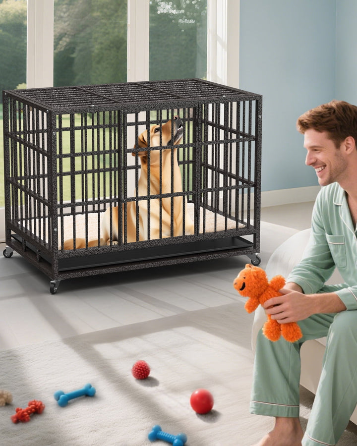 Petorldog 48" Heavy Duty Dog Crates for Large Dogs, Indestructible Escape Proof Kennel, Upgraded Reinforced Baseplate, Lockable Wheels, Spacious Capacity
