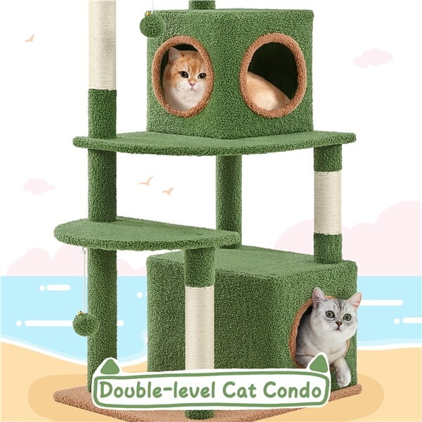 Cat Tree Tower with Palm Leaf Fluffy Balls Scratching Posts Cat Furniture 59inch