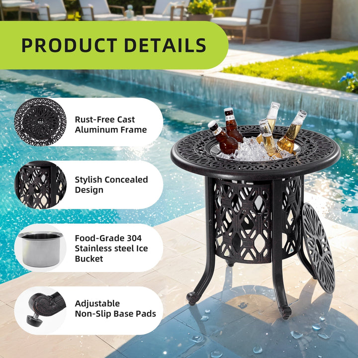 Yoneston 21" Cast Aluminum Round Patio Table with Removable Ice Bucket, Rustproof Outdoor Patio Bar Table for Patio, Balcony, Garden, Poolside, Black