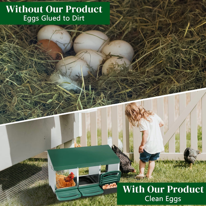 3 Compartment Roll Out Chicken Nesting Box w/ Plastic Basket - Steel Frame 31.9x20.1x18.5in（Green）