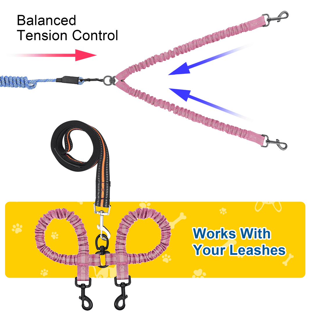 Double Dog Leash for Walking 2 Dogs - Tangle-Free 360° Swivel & Shock-Absorbing Bungee(Pink)
