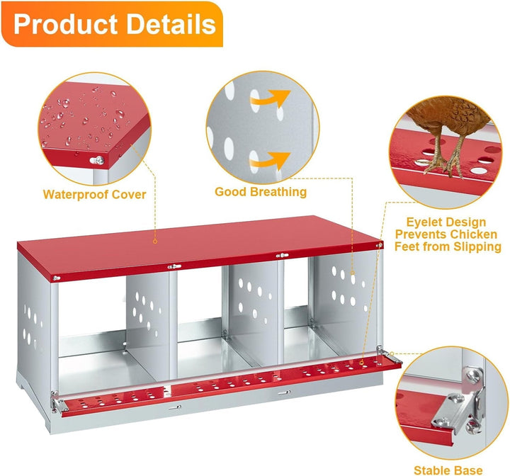 M optimized Chicken Nesting Boxes for Laying Eggs, Metal Chicken Nesting Box with Vented Holes and Swing Perch for Chicken Coop, Egg Laying Boxes for Chickens, Hens, Ducks, 3 Compartments