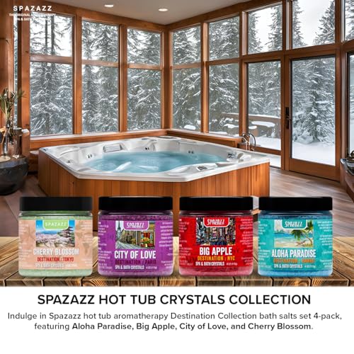 Spazazz Hot Tub Aromatherapy Destination Collection Bath Salt Crystals Four- 4oz Pack - Aloha Paradise, Big Apple, City of Love, Cherry Blossom - Bath Salts Perfect for Hot Tubs, Baths, and Foot Soaks