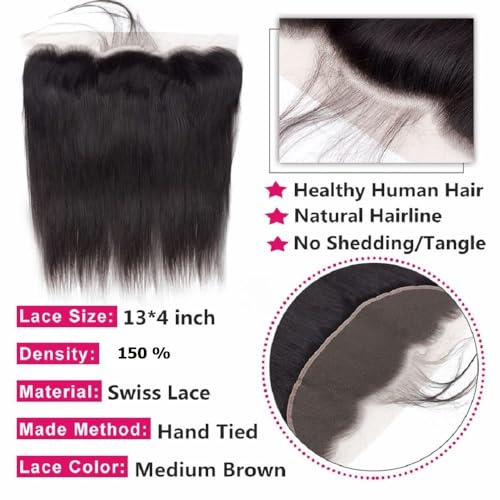 13x4 Lace Frontal Closure Ear to Ear HD Lace Frontal 12 Inch Brazilian Straight Frontal Lace Closure Virgin Human Hair Frontals Natural Black 150% Density