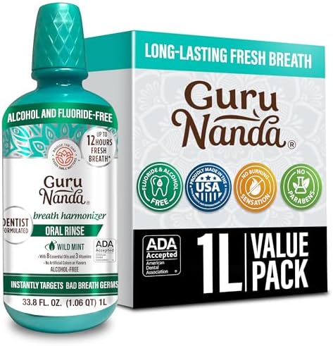 GuruNanda Fresh Breath Mouthwash, ADA-Accepted, Alcohol & Fluoride-Free, Sodium Chlorite, Essential Oils & Vitamins, 12-Hrs Fresh Breath, Wild Mint, 33.8 oz