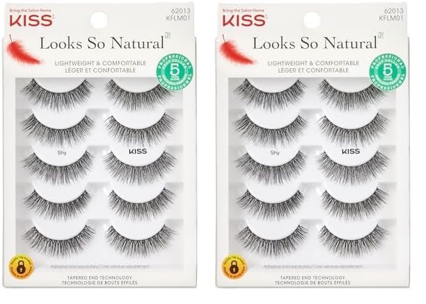 KISS Looks So Natural, False Eyelashes, Shy', 12 mm, Includes 5 Pairs Of Lashes, Contact Lens Friendly, Easy to Apply, Reusable Strip Lashes, Glue On (Pack of 2)
