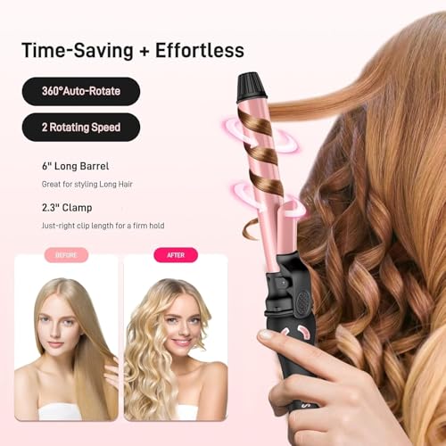 Rotating Curling Iron - 1 Inch Automatic Curling Iron for Fast Long-Lasting Curler Waves, Dual Voltage Automatic Hair Curler with Adjustable Temp and LCD Display for Effortless Beach Waves, Rose Gold