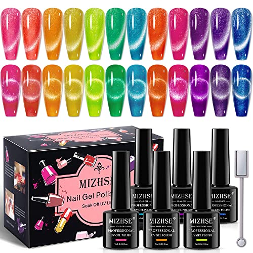 MIZHSE Neon Cat Eye Gel Nail Polish Set 12Pcs, Cateye Blue Green Purple Soak Off Gel Polish Magnetic Manicure Kit for Nail Art Salon 7ml