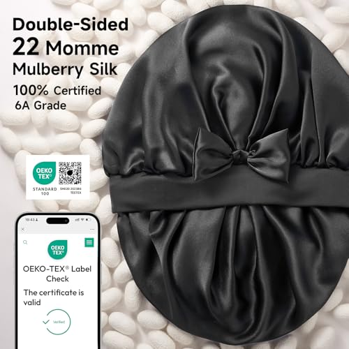 Umisleep Double-Sided 100% 22 Momme Mulberry Silk Bonnet for Sleeping Women, Large Silk Hair Wrap for Long Curly Hair, Non-Slip Sleep Cap with Adjustable Band, Black