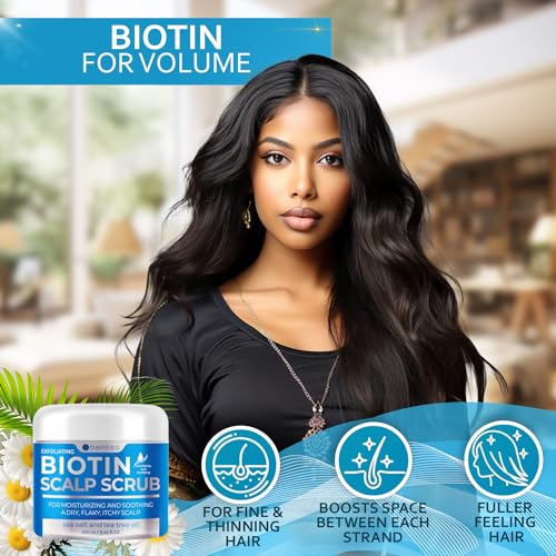 Biotin Scalp Scrub - Exfoliator Treatment for Dry Hair and Itchy, Flaky Scalps - Intense Moisturizer and Detox Cleanser for Build Up Relief - Anti Dandruff Mask with Tea Tree Oil for Women and Men