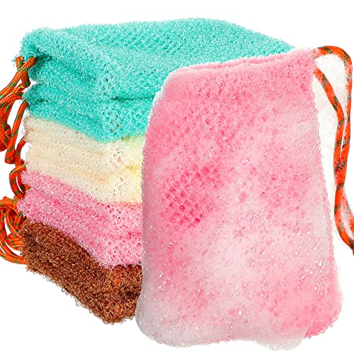 8 Pieces Bar Soap Pouch Mesh Soap Pouch Holder Exfoliating Net Loofah Bags for Shower Mesh Bubble Foam Net Bath Pocket for Women Men Girls (Lake Green, Pink, Beige, Brown)