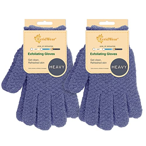 Evridwear Exfoliating Dual Texture Bath Gloves for Shower, Spa, Massage and Body Scrubs, Dead Skin Cell Remover, Gloves with Hanging Loop (2 Pairs Heavy)