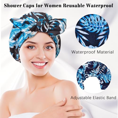 Luxury Shower Cap for Women, Shower Caps for Women Reusable Waterproof, Hair Cap for Shower, Large Adjustable Bowknot Bath Cap for Long Hair Braids