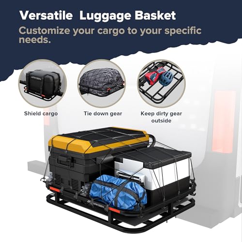 ARKSEN 32 x 26 Inch Bumper Mounted Cargo Rack Carrier 350 Lbs Heavy Duty Capacity Luggage Basket Hitch Fold Up for RV, Camping, Traveling