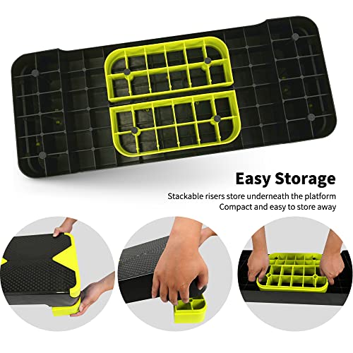 SPART Adjustable Workout Aerobic Stepper, Aerobic Exercise Step Platform with 4 Risers, 3 Levels Adjust 4" - 6" - 8", 26.77" Trainer Stepper with Non-Slip Surface For Home Gym, Black-Fluorescent Green