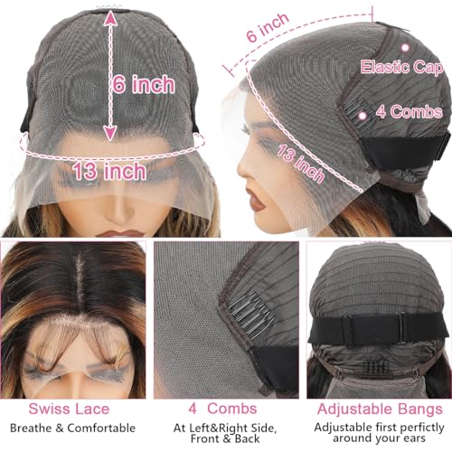 30 Inch 1B/27 13x6 Balayage Highlight Ombre Body Wave Lace Front Wigs Human Hair Honey Blonde Colored Lace Frontal Glueless Wigs Human Hair Pre Plucked for Women with Baby Hair