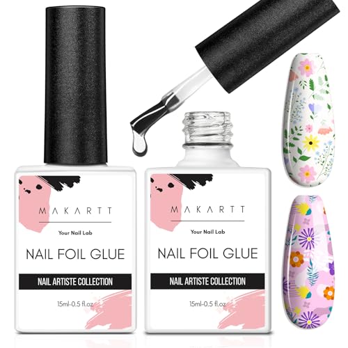 Makartt Nail Foil Glue Gel for Nail, Foil Gel Transfer for Nails Art Stickers Strong Adhesion Foil Transfer Gel Soak Off Nail Foil Kit Gel Nail Glue Manicure Salon DIY UV Lamp Required 15ML 2pcs