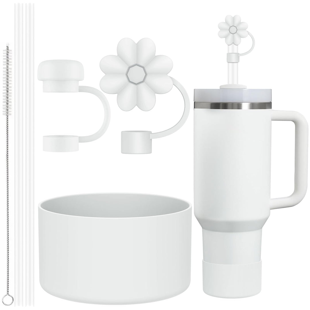 6 Pcs Accessories for Stanley Cup 20-40oz,2 Straw Covers,2 Replacement Straws,1 Straw Brush,1 Boot Included, SIlicone Straw Cover Caps Topper (White)