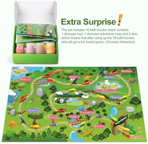 Bath Bombs for Kids with Toys Inside, 16 Handmade Bath Bombs with Different Scents for Boys Girls, Extra Surprise - Dinosaur Adventure, Ideal Present for Birthdays Children's Day Christmas