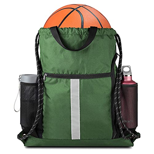 BeeGreen Green Drawstring Bag Gym Cinch Backpack w Shoe Compartment and Two Side Pockets Machine Washable Sports Sinch Sack String Sackpack for Swim Equipment Beach Travel