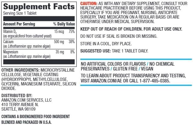 Amazon Elements - Calcium, plus Vitamin D2, 65 Tablets (2 month supply) (Packaging may vary), Calcium Supplements